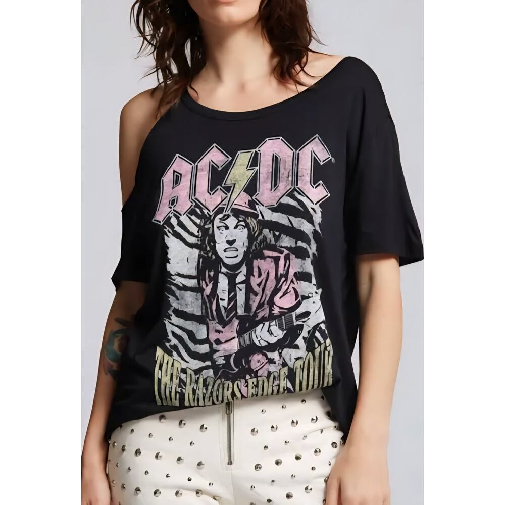 NEW Recycled Karma AC/DC Graphic Cold Shoulder Razor Edge Tour T-shirt Black XS